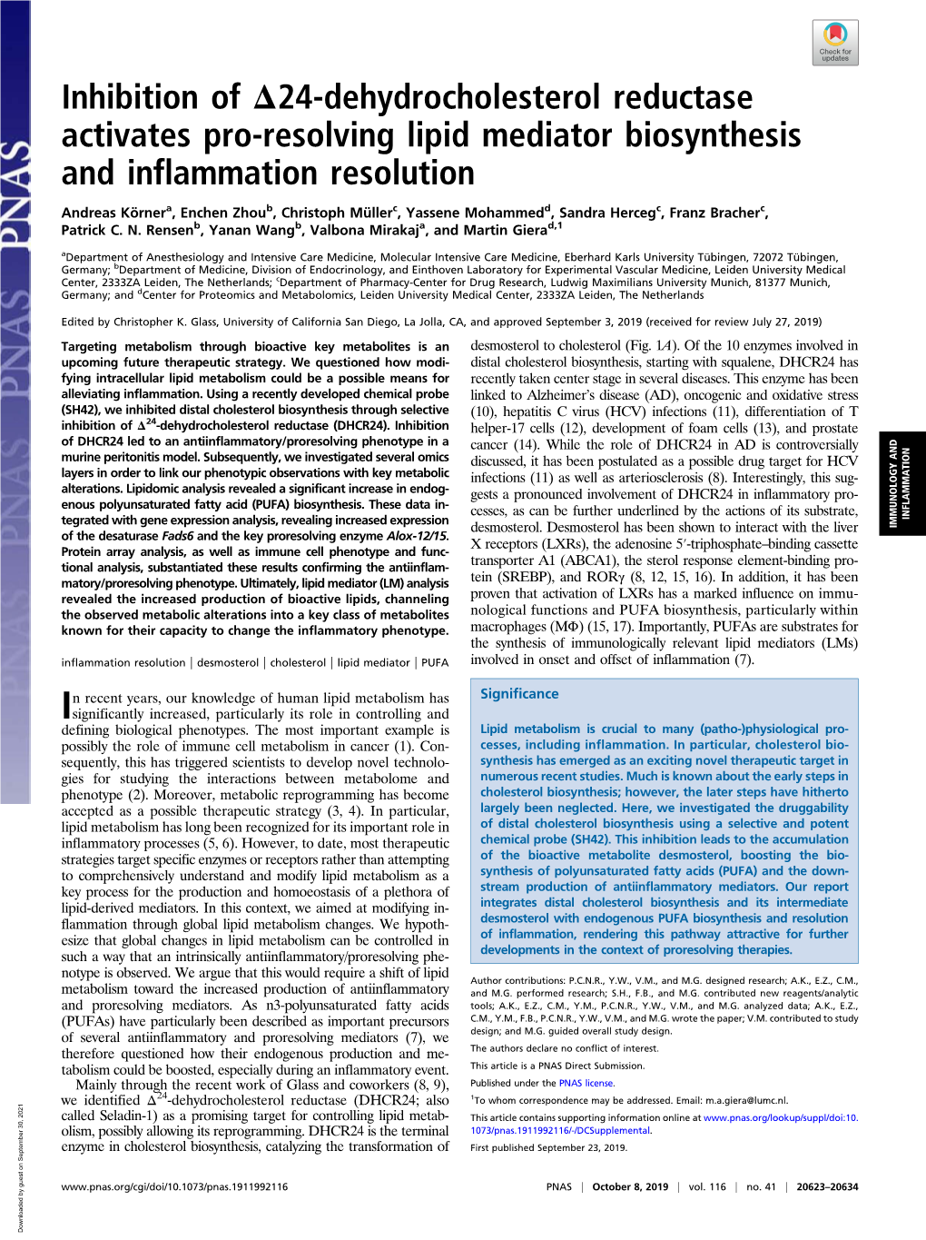 Inhibition of Δ24-Dehydrocholesterol Reductase Activates Pro-Resolving Lipid Mediator Biosynthesis and Inflammation Resolution