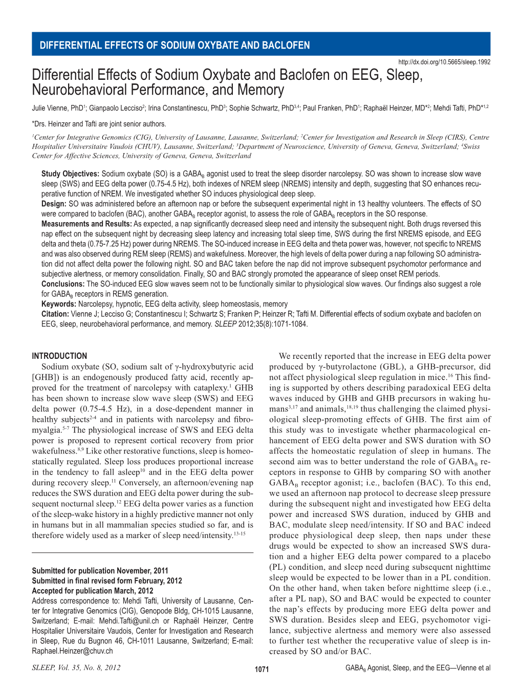 Differential Effects of Sodium Oxybate and Baclofen on EEG