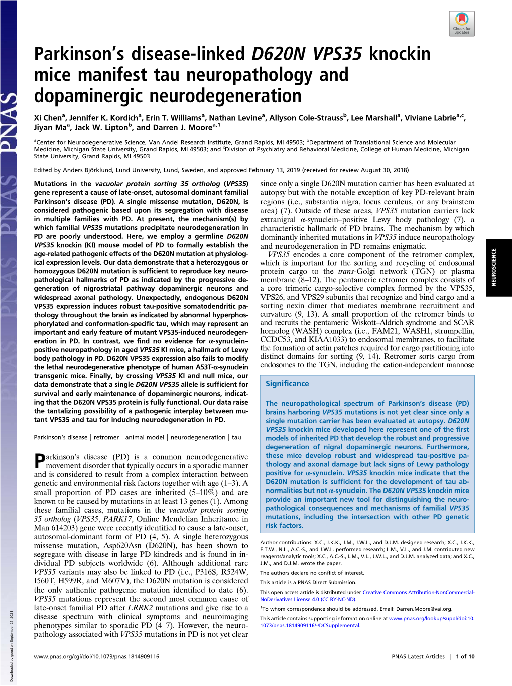 Parkinson's Disease-Linked D620N VPS35 Knockin Mice