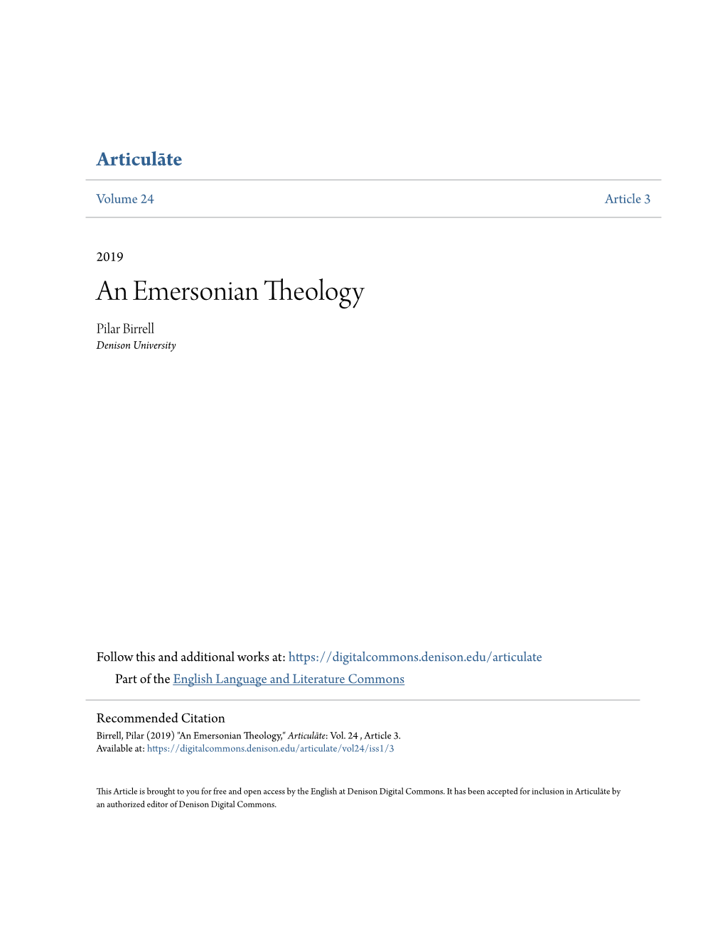 An Emersonian Theology Pilar Birrell Denison University