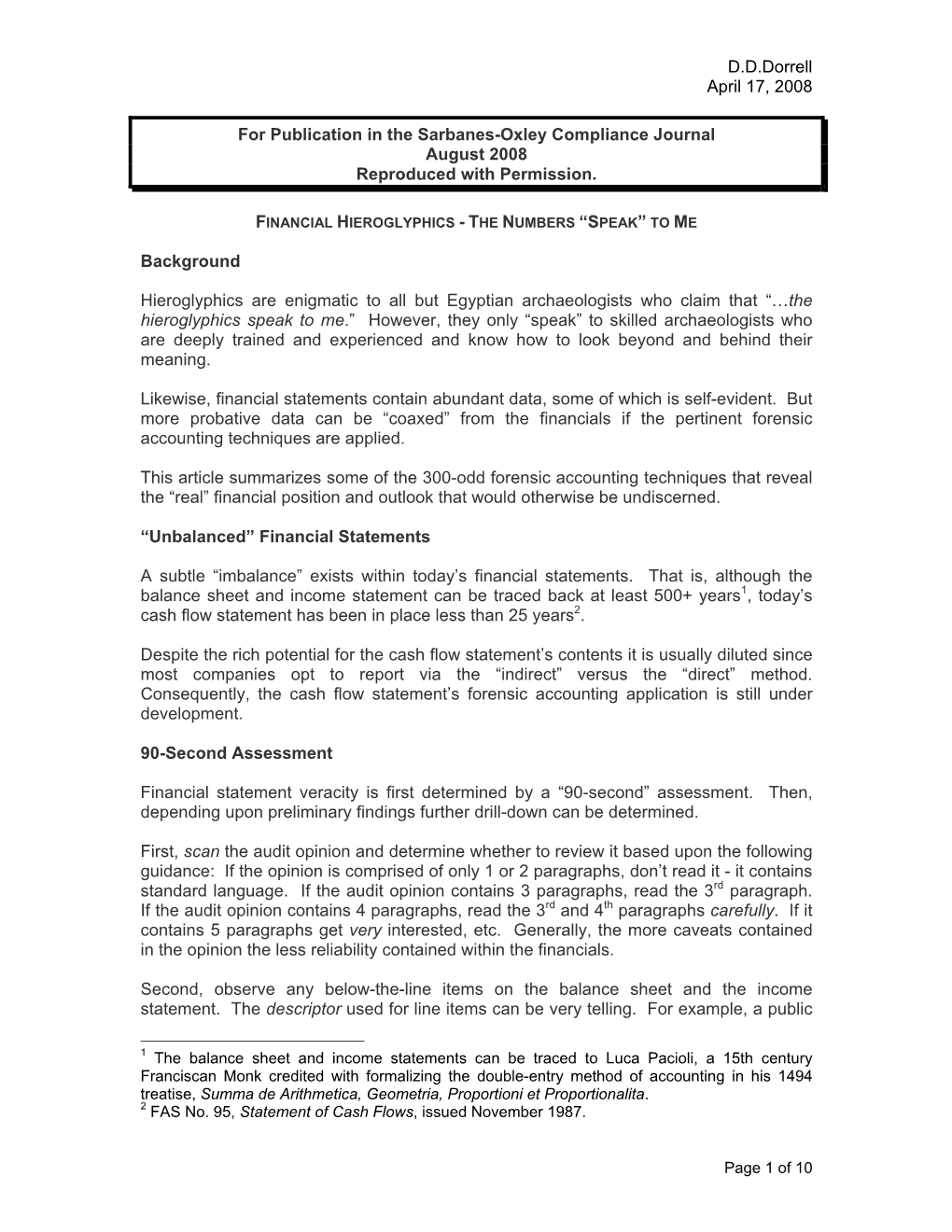 D.D.Dorrell April 17, 2008 for Publication in the Sarbanes-Oxley