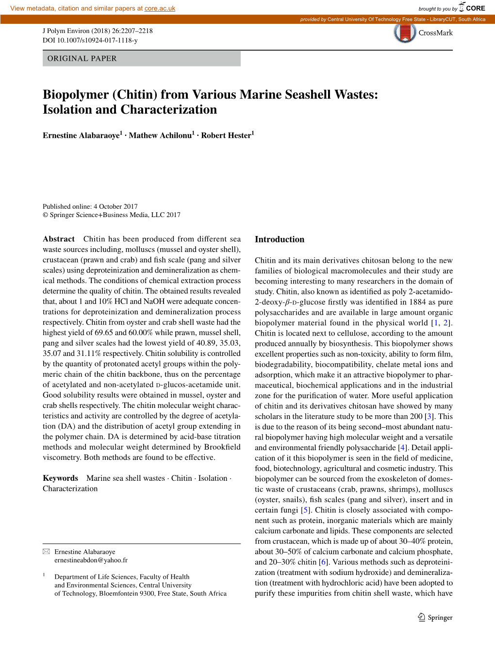 Biopolymer (Chitin) from Various Marine Seashell Wastes: Isolation and Characterization