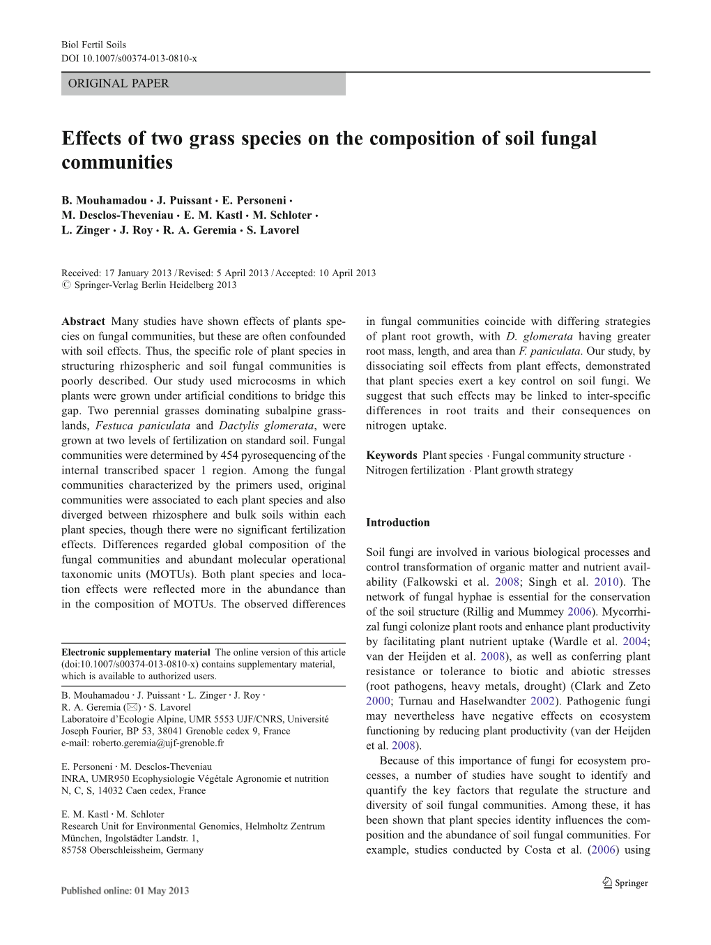 Effects of Two Grass Species on the Composition of Soil Fungal Communities