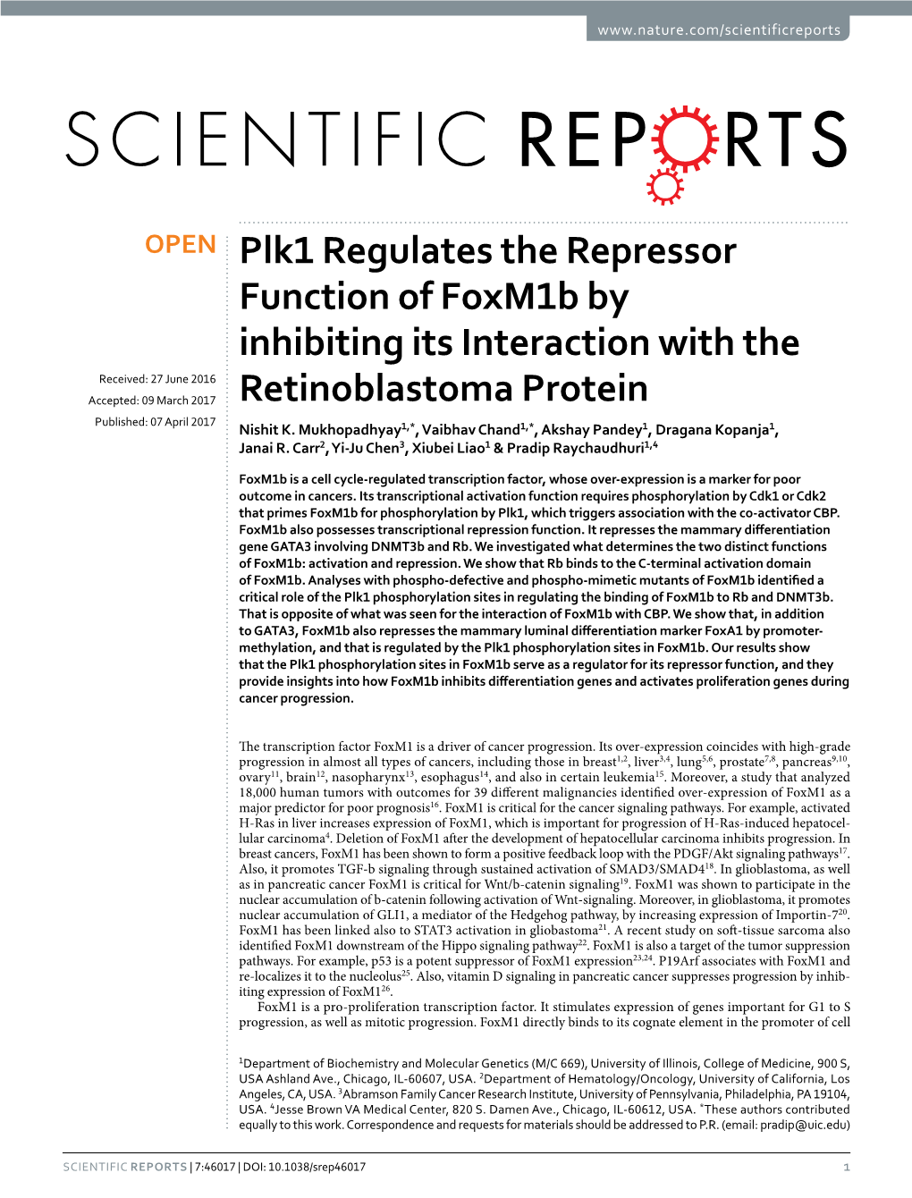 Plk1 Regulates the Repressor Function of Foxm1b by Inhibiting Its