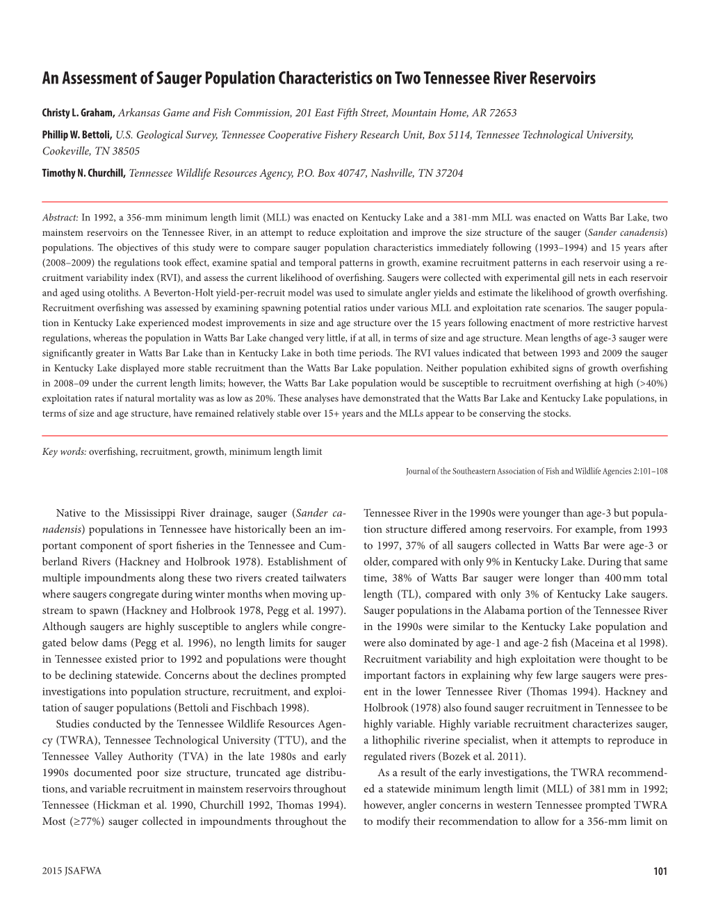 An Assessment of Sauger Population Characteristics on Two Tennessee River Reservoirs