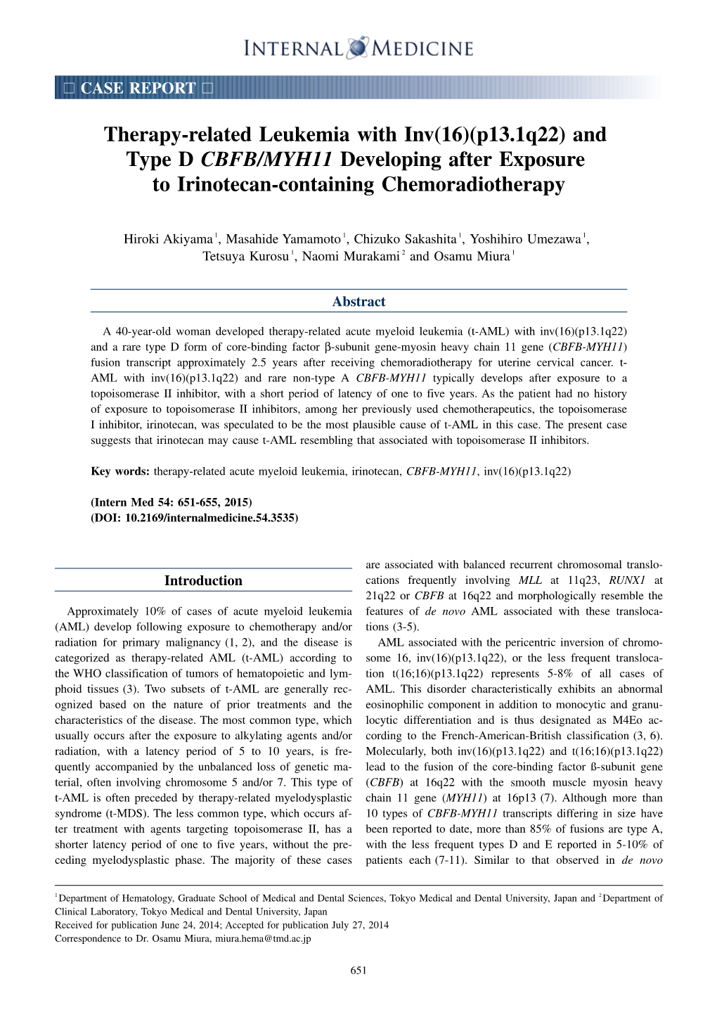 Therapy-Related Leukemia with Inv (16)(P13. 1Q22) and Type D CBFB