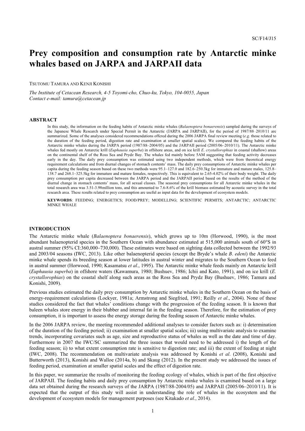 SC/F14/J15 Prey Composition and Consumption Rate by Antarctic Minke Whales Based on JARPA and JARPAII Data