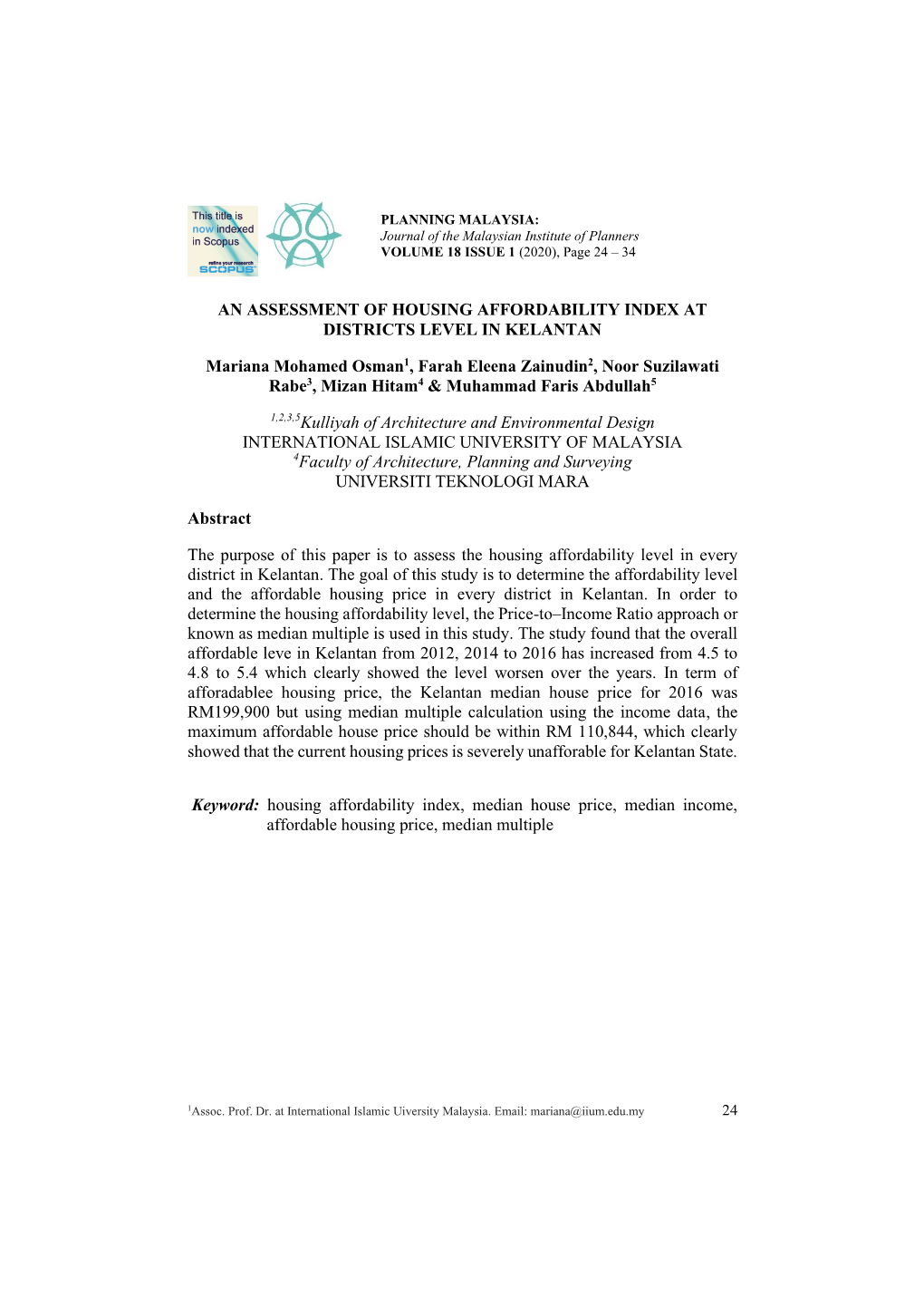 An Assessment of Housing Affordability Index at Districts Level in Kelantan