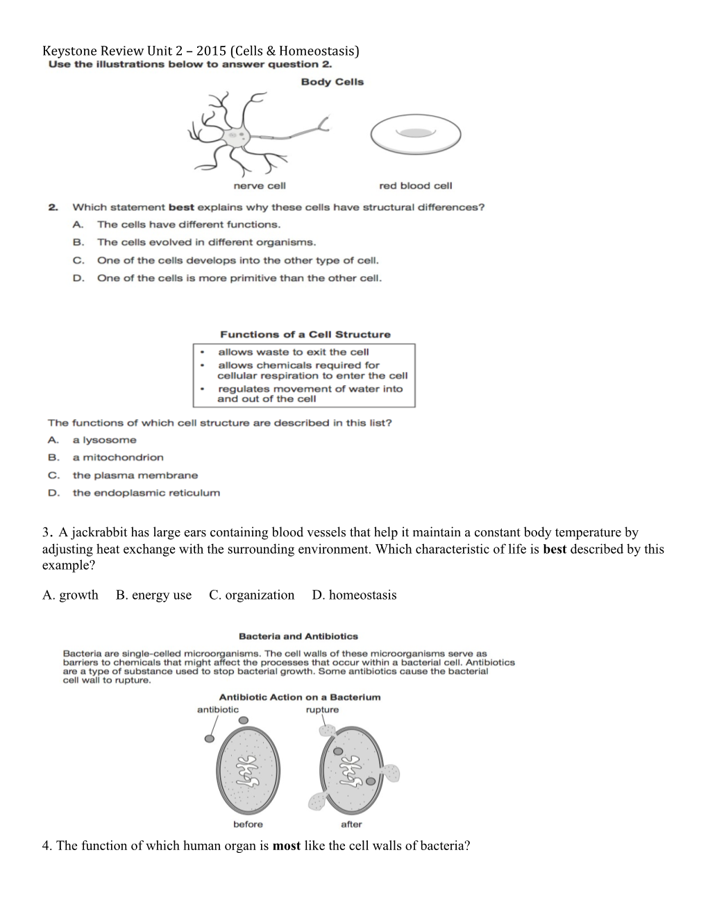 Keystone Review Unit 2 2015 (Cells & Homeostasis)