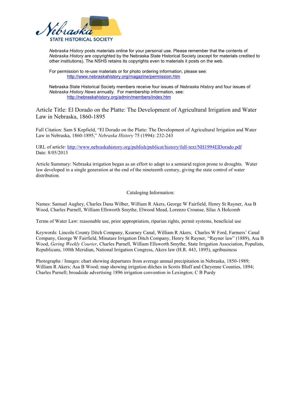 The Development of Agricultural Irrigation and Water Law in Nebraska, 1860-1895