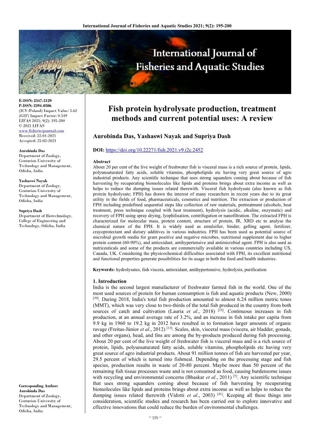 Fish Protein Hydrolysate Production, Treatment Methods and Current