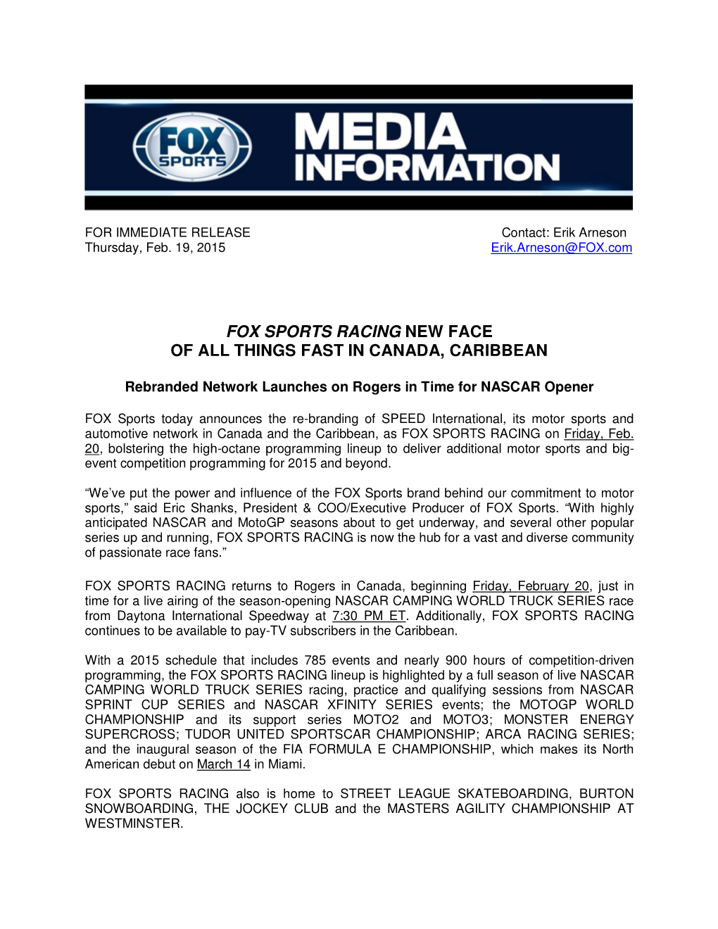 Fox Sports Racing New Face of All Things Fast in Canada, Caribbean