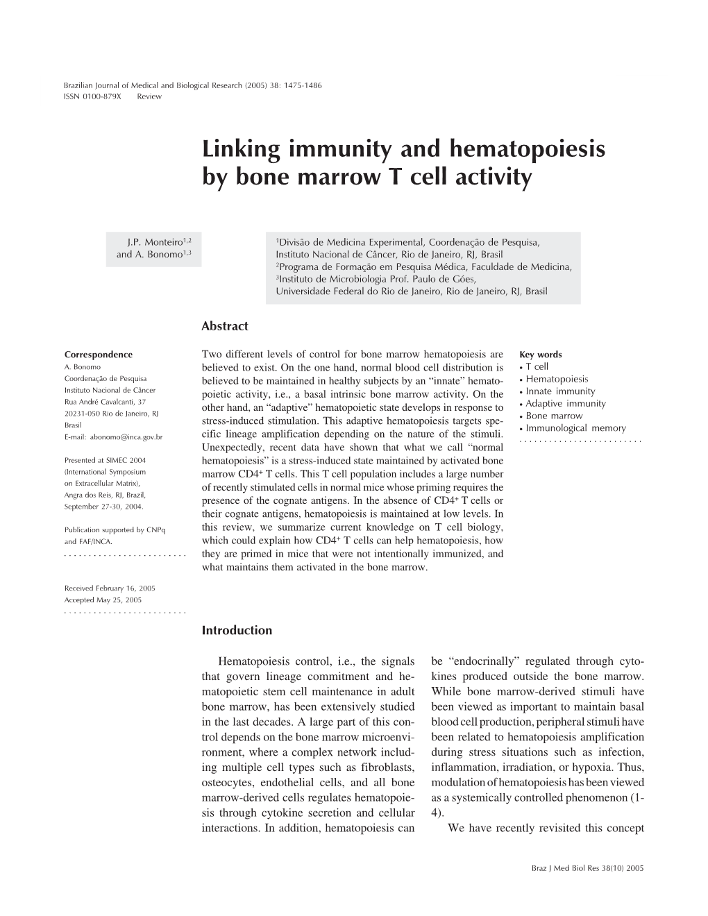 Linking Immunity and Hematopoiesis by Bone Marrow T Cell Activity