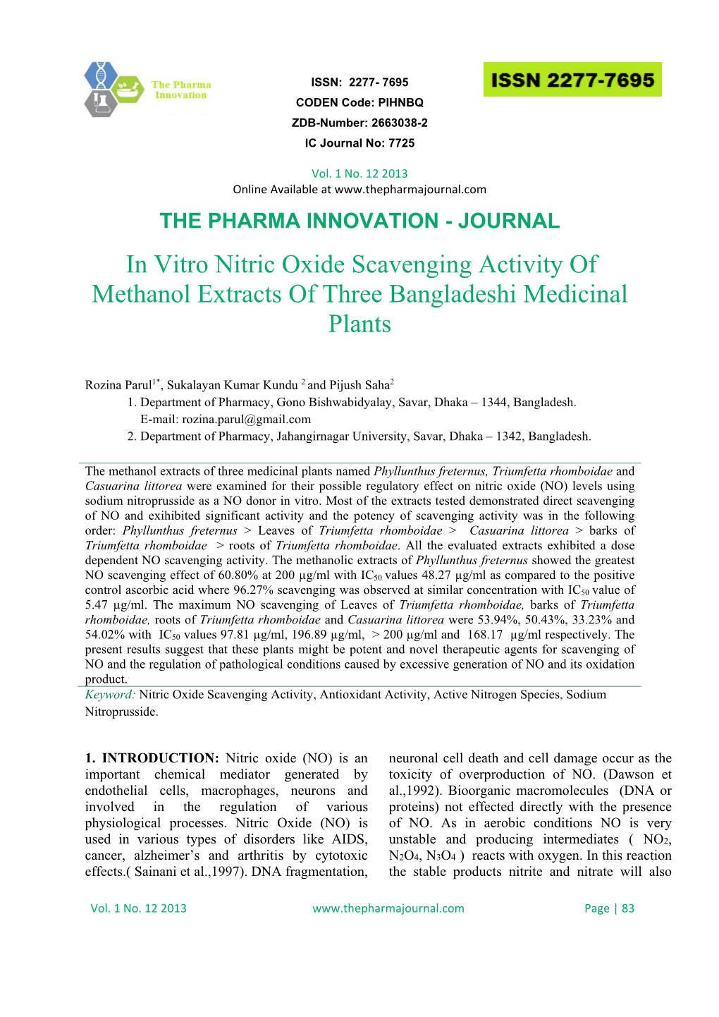 In Vitro Nitric Oxide Scavenging Activity of Methanol Extracts of Three Bangladeshi Medicinal Plants