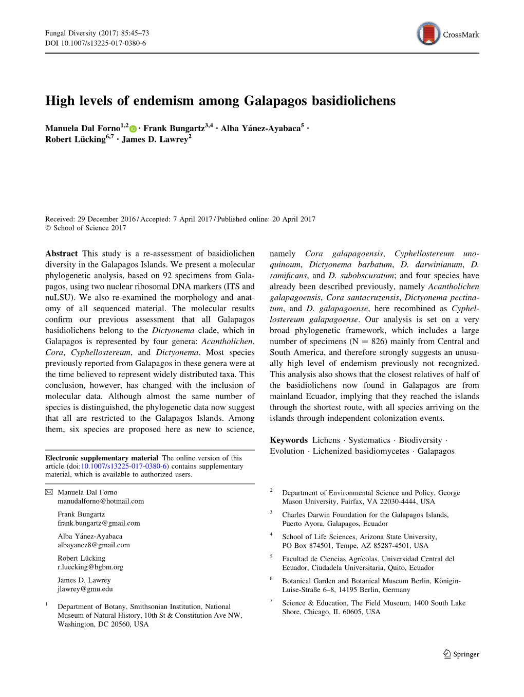 High Levels of Endemism Among Galapagos Basidiolichens