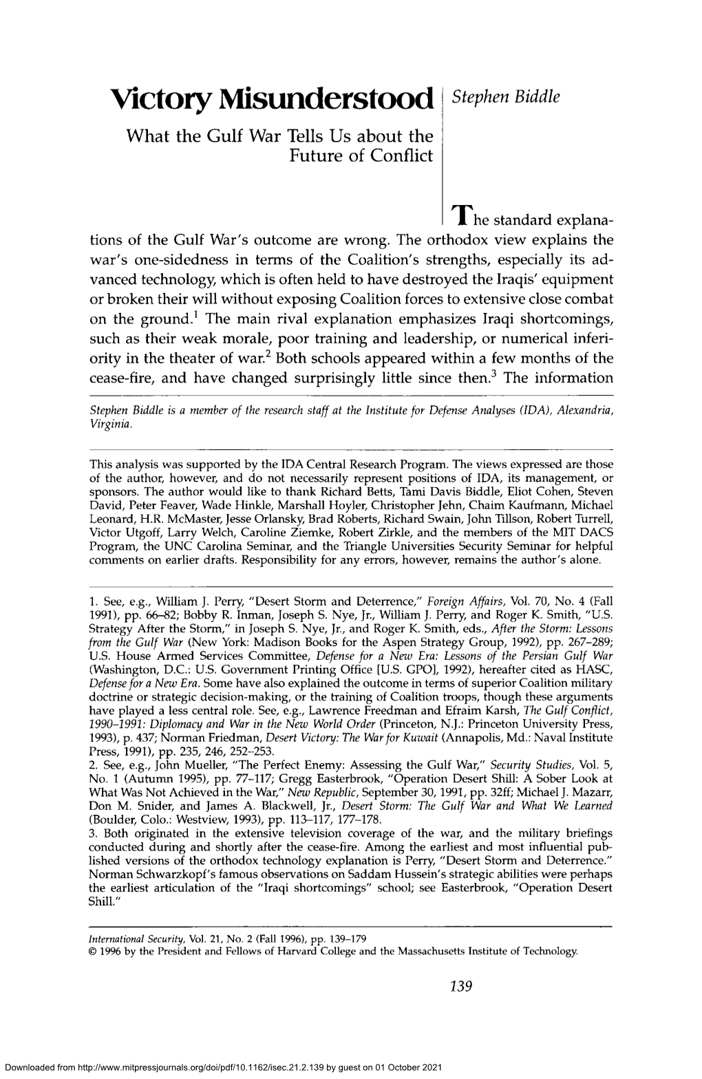 Victory Misunderstood Stephen Biddle What the Gulf War Tells Us About the Future of Conflict