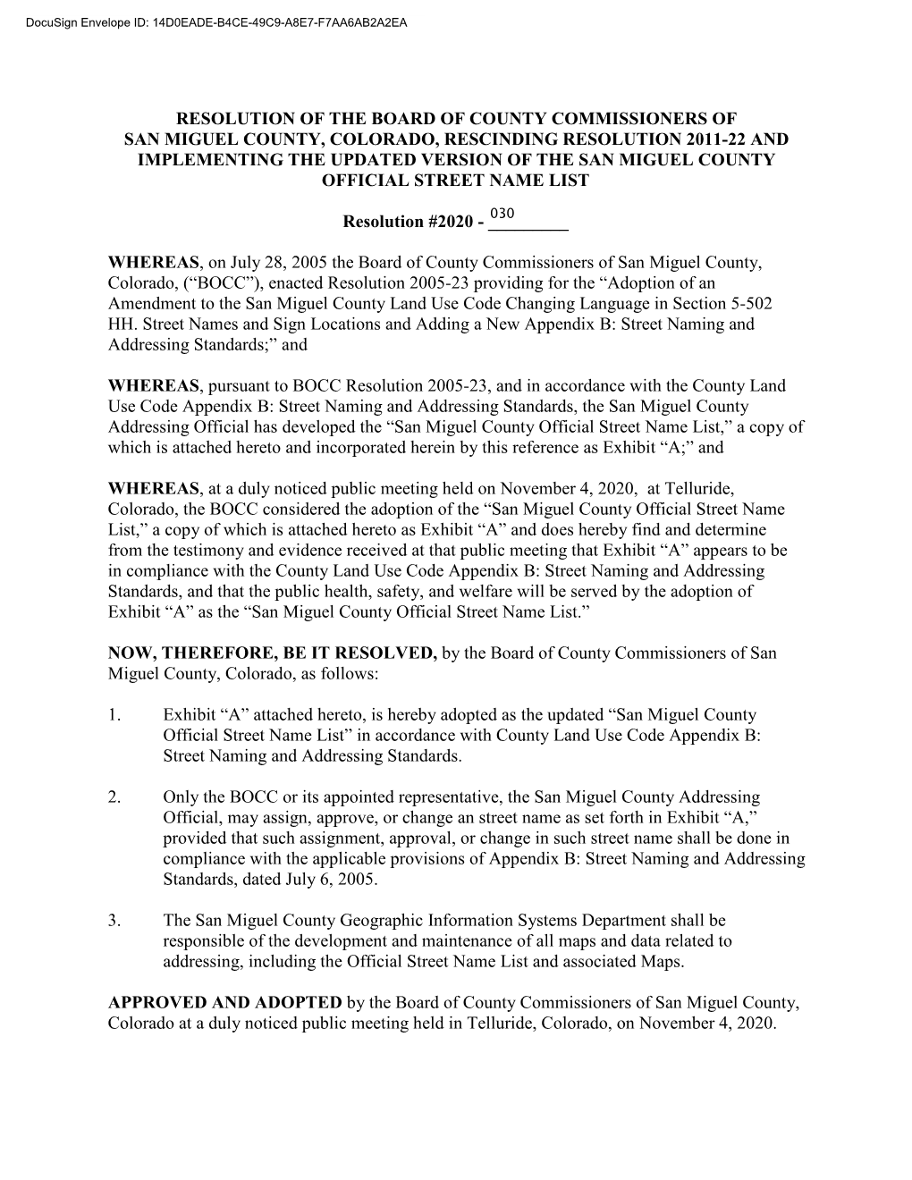 Board Resolution Adopting the Official Street Name List