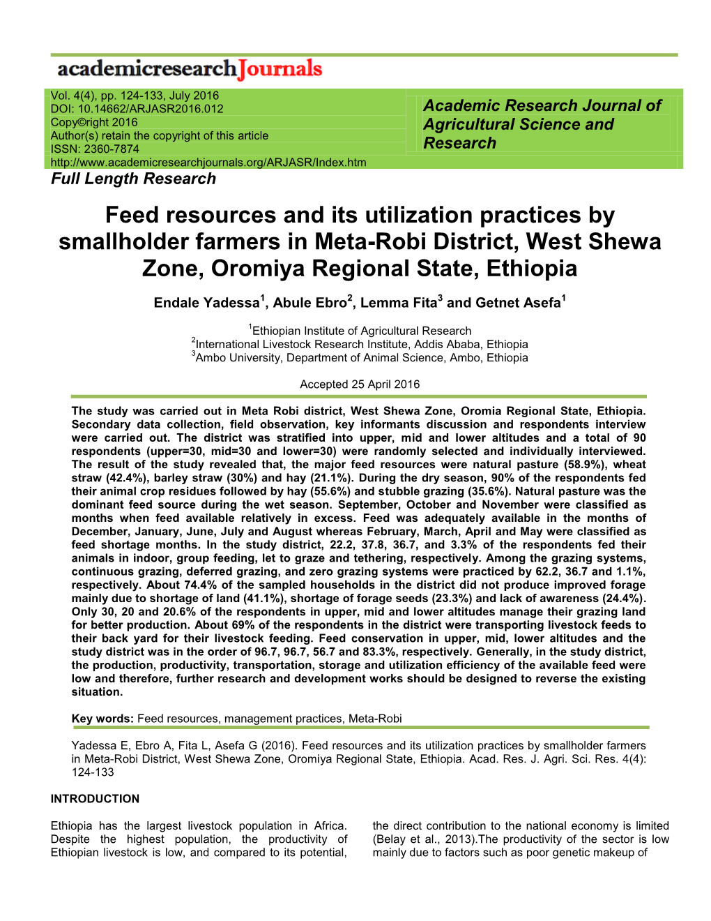 Feed Resources and Its Utilization Practices by Smallholder Farmers in Meta-Robi District, West Shewa Zone, Oromiya Regional State, Ethiopia