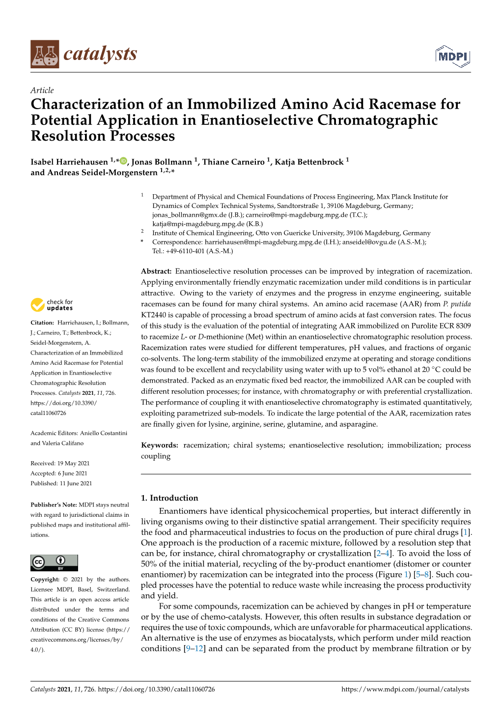 Characterization of an Immobilized Amino Acid Racemase for Potential Application in Enantioselective Chromatographic Resolution Processes