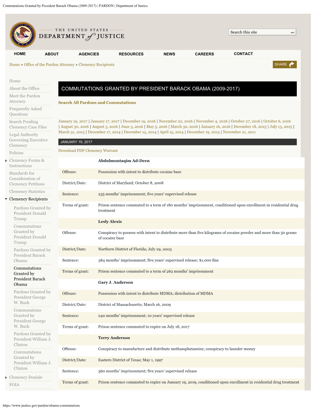 Commutations Granted by President Barack Obama (2009-2017) | PARDON | Department of Justice