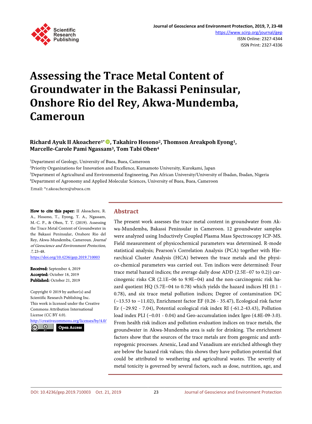 Assessing the Trace Metal Content of Groundwater in the Bakassi Peninsular, Onshore Rio Del Rey, Akwa-Mundemba, Cameroun