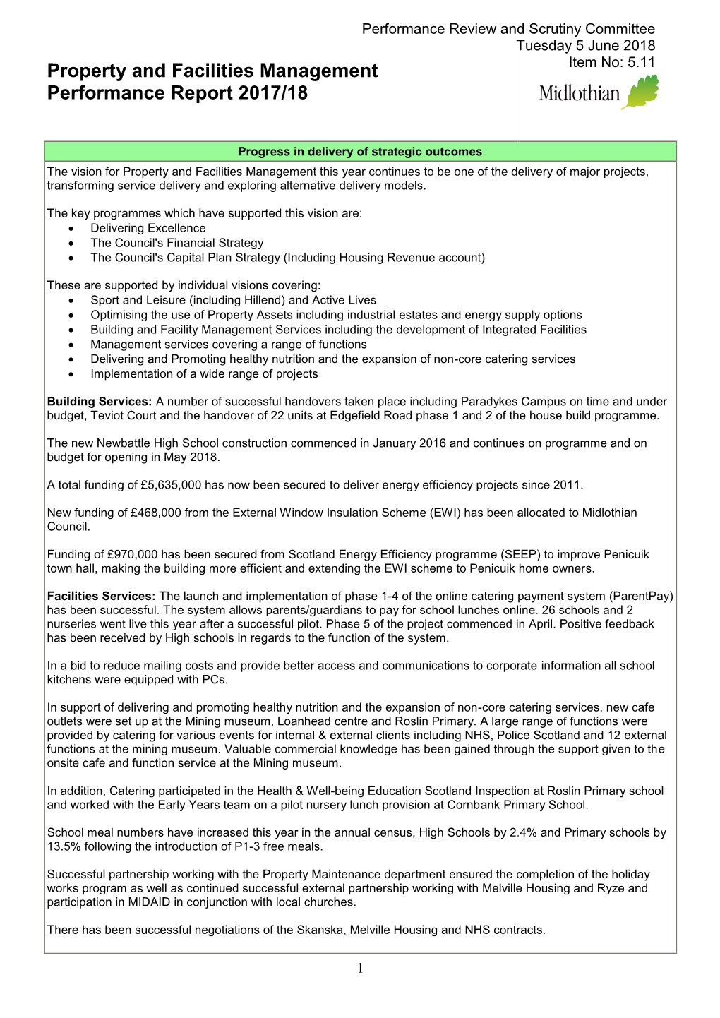 Property and Facilities Management Performance Report 2017/18