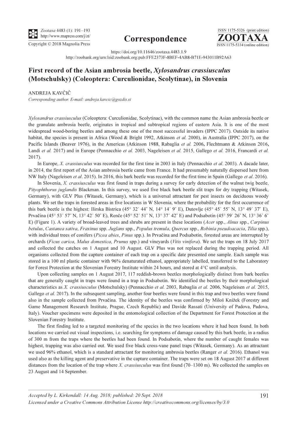 First Record of the Asian Ambrosia Beetle, Xylosandrus Crassiusculus (Motschulsky) (Coleoptera: Curculionidae, Scolytinae), in Slovenia