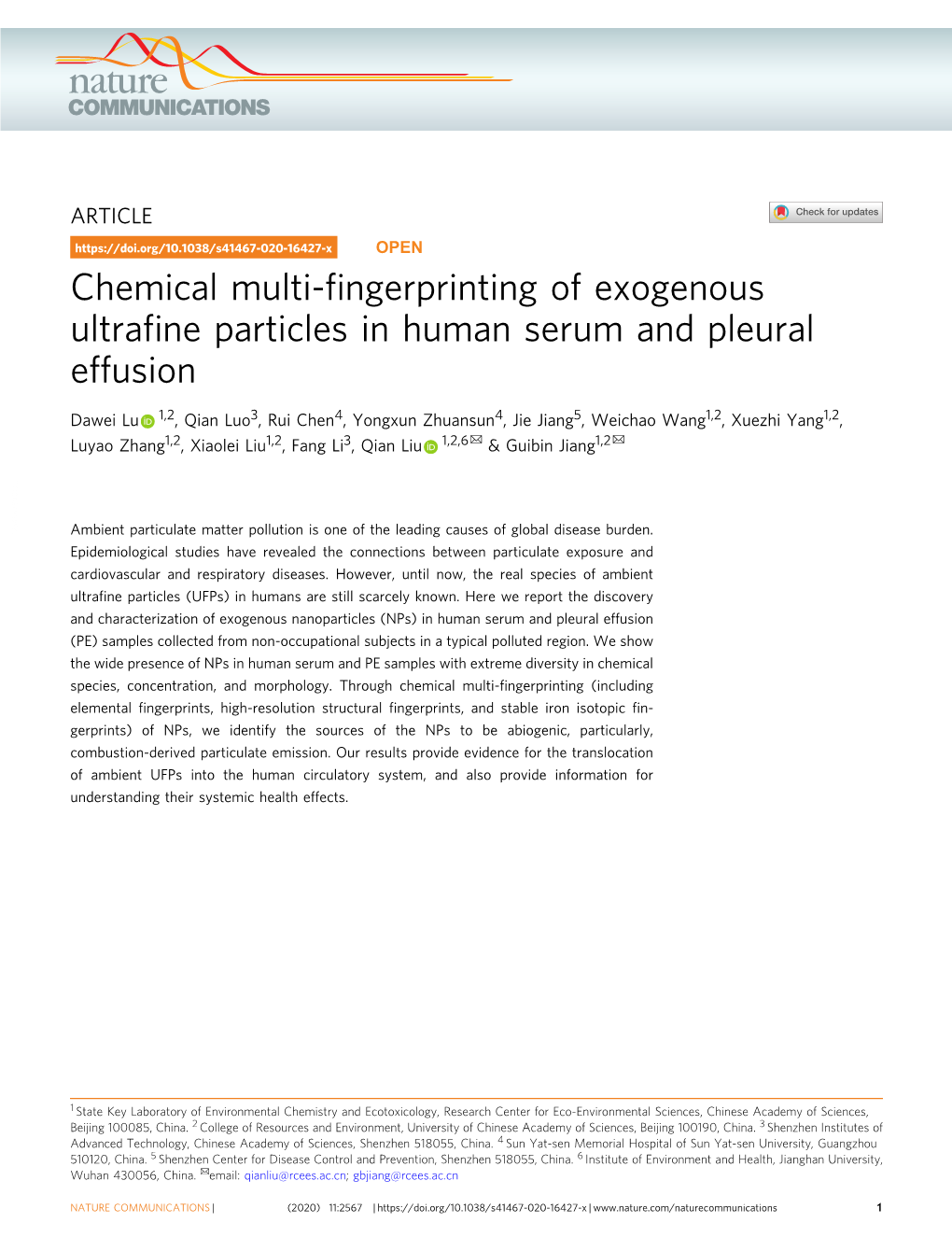 Chemical Multi-Fingerprinting of Exogenous Ultrafine Particles in Human Serum and Pleural Effusion