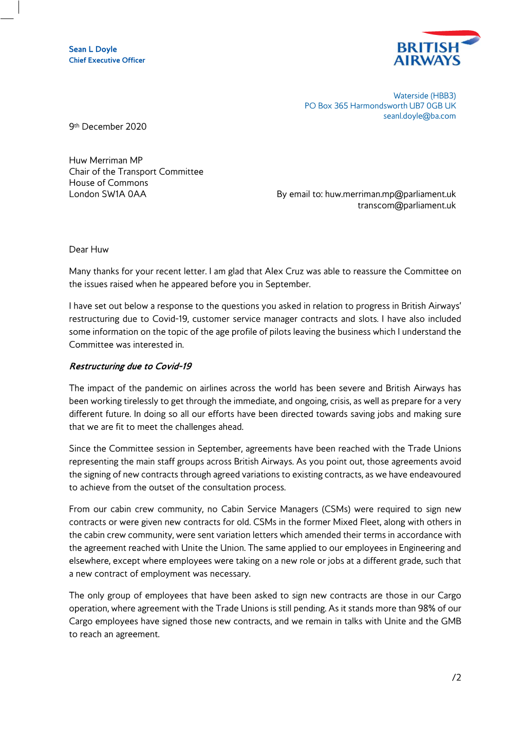 Letter from Sean Doyle, CEO British Airways, to Committee in Response