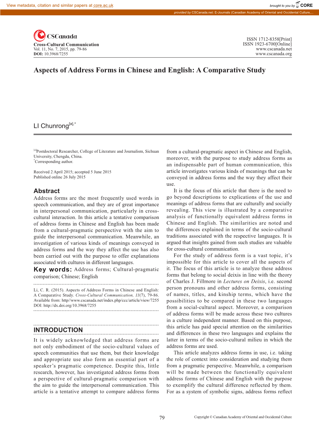 Aspects of Address Forms in Chinese and English: a Comparative Study