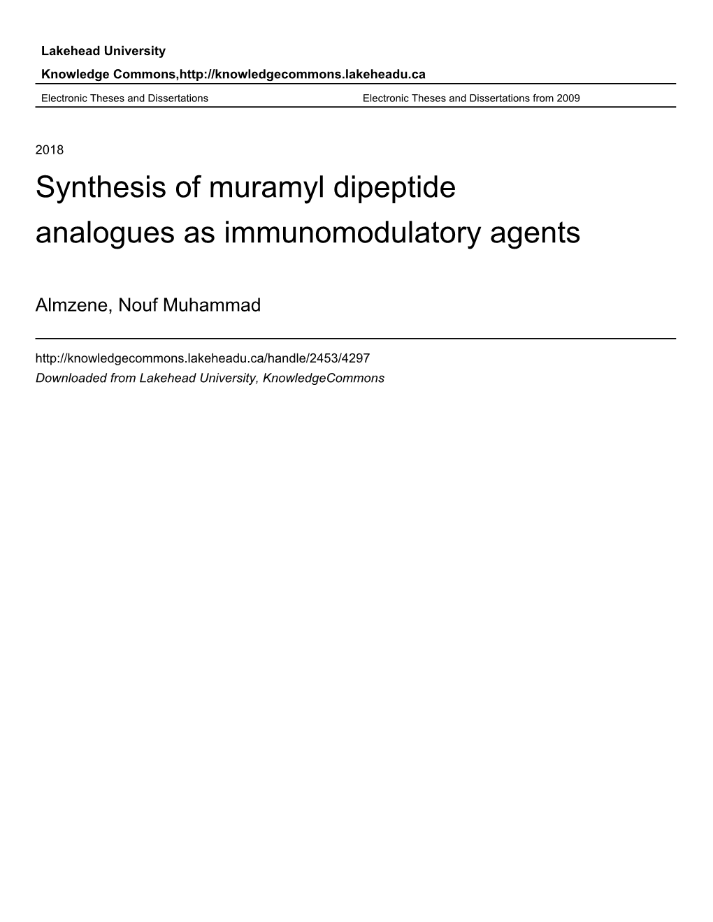 Synthesis of Muramyl Dipeptide Analogues As Immunomodulatory Agents