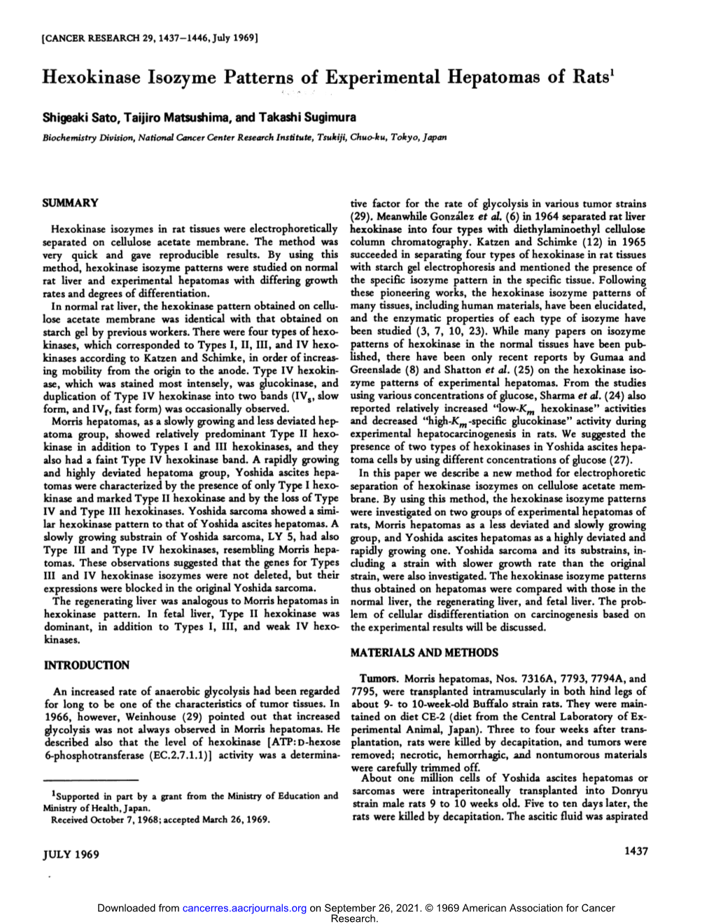 Hexokinase Isozyme Patterns of Experimental Hepatomas of Rats1