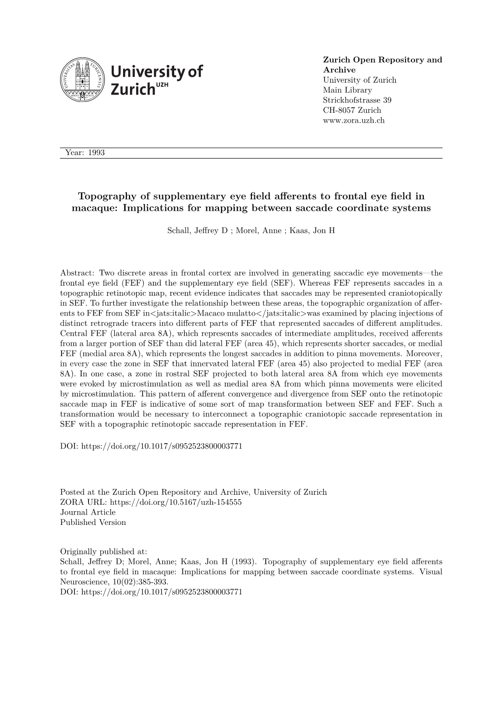 Topography of Supplementary Eye Field Afferents to Frontal Eye Field in Macaque: Implications for Mapping Between Saccade Coordinate Systems