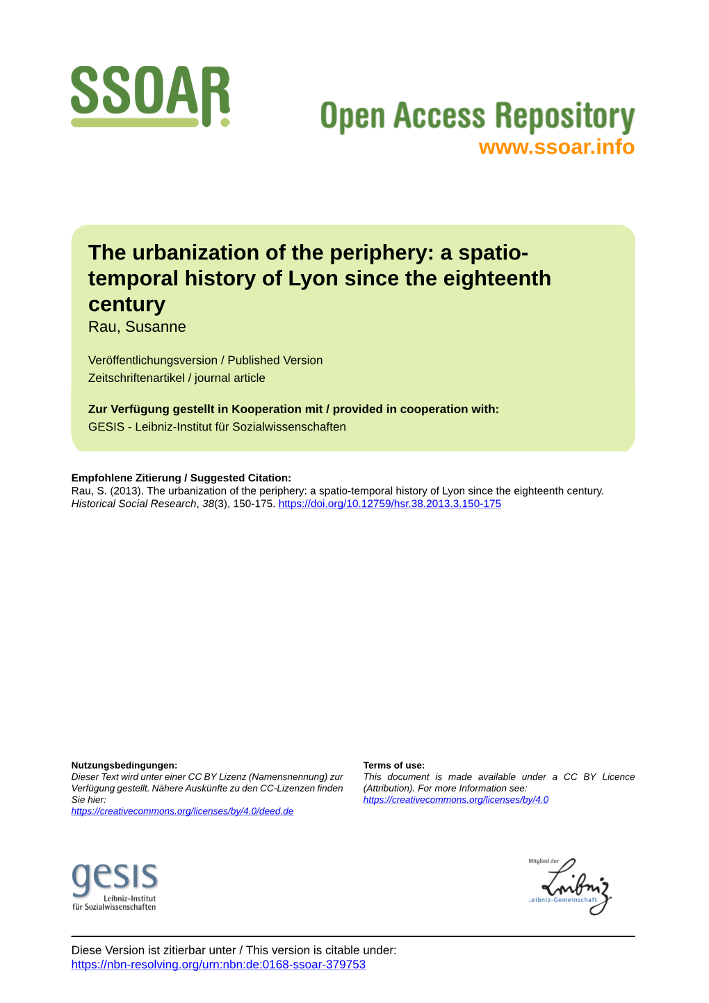 The Urbanization of the Periphery: a Spatio- Temporal History of Lyon Since the Eighteenth Century Rau, Susanne