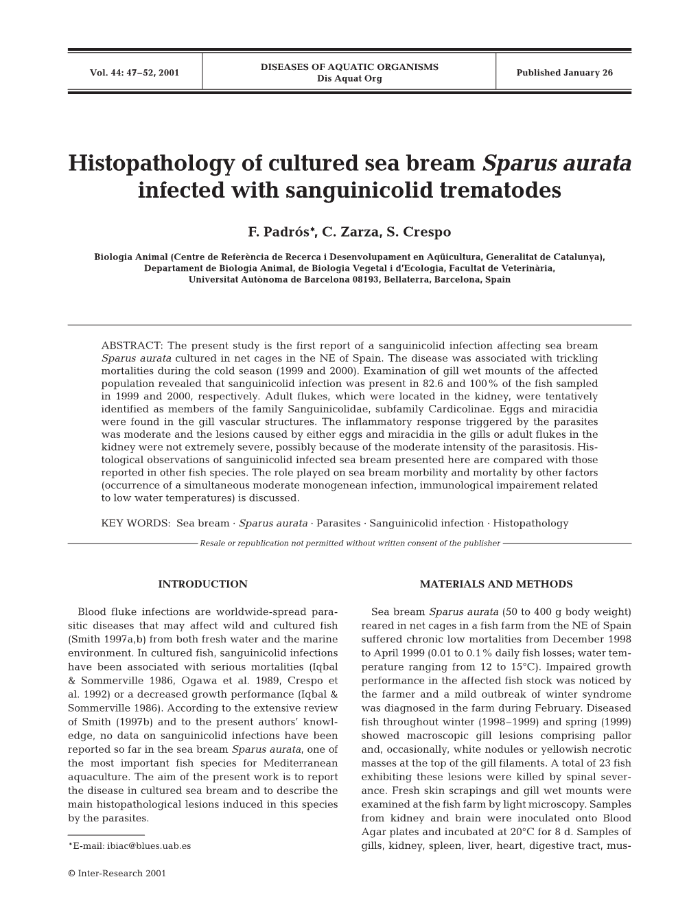 Histopathology of Cultured Sea Bream Sparus Aurata Infected with Sanguinicolid Trematodes