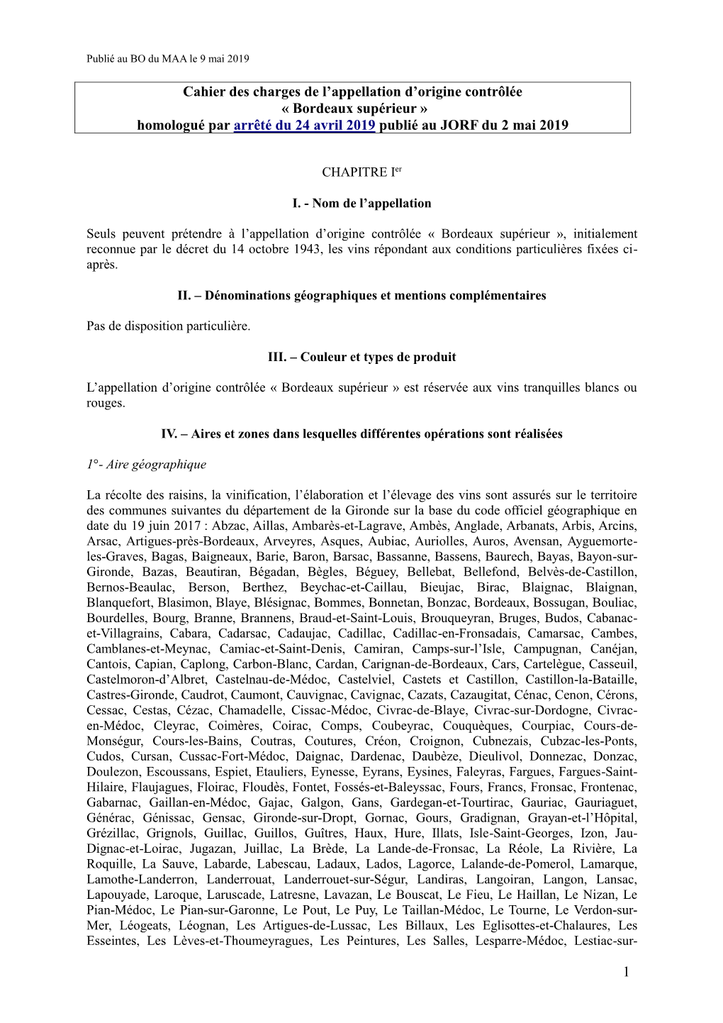 Cahier Des Charges De L'appellation D'origine Contrôlée « BORDEAUX