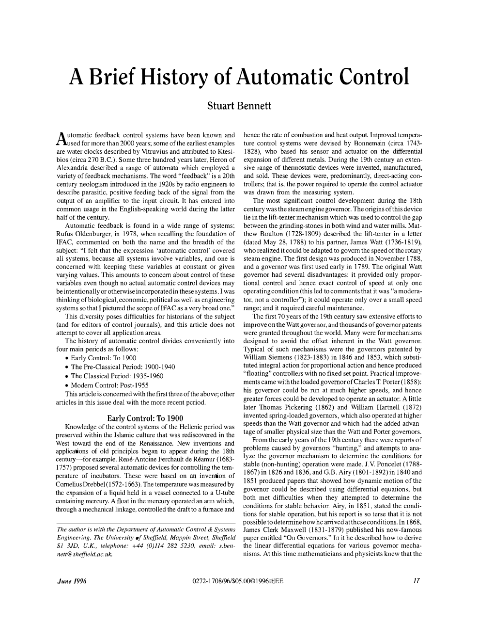 A Brief History of Automatic Control