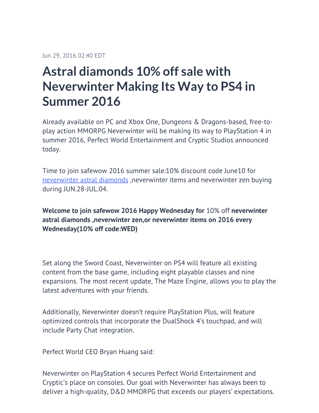 Astral Diamonds 10% Off Sale with Neverwinter Making Its Way to PS4 in Summer 2016