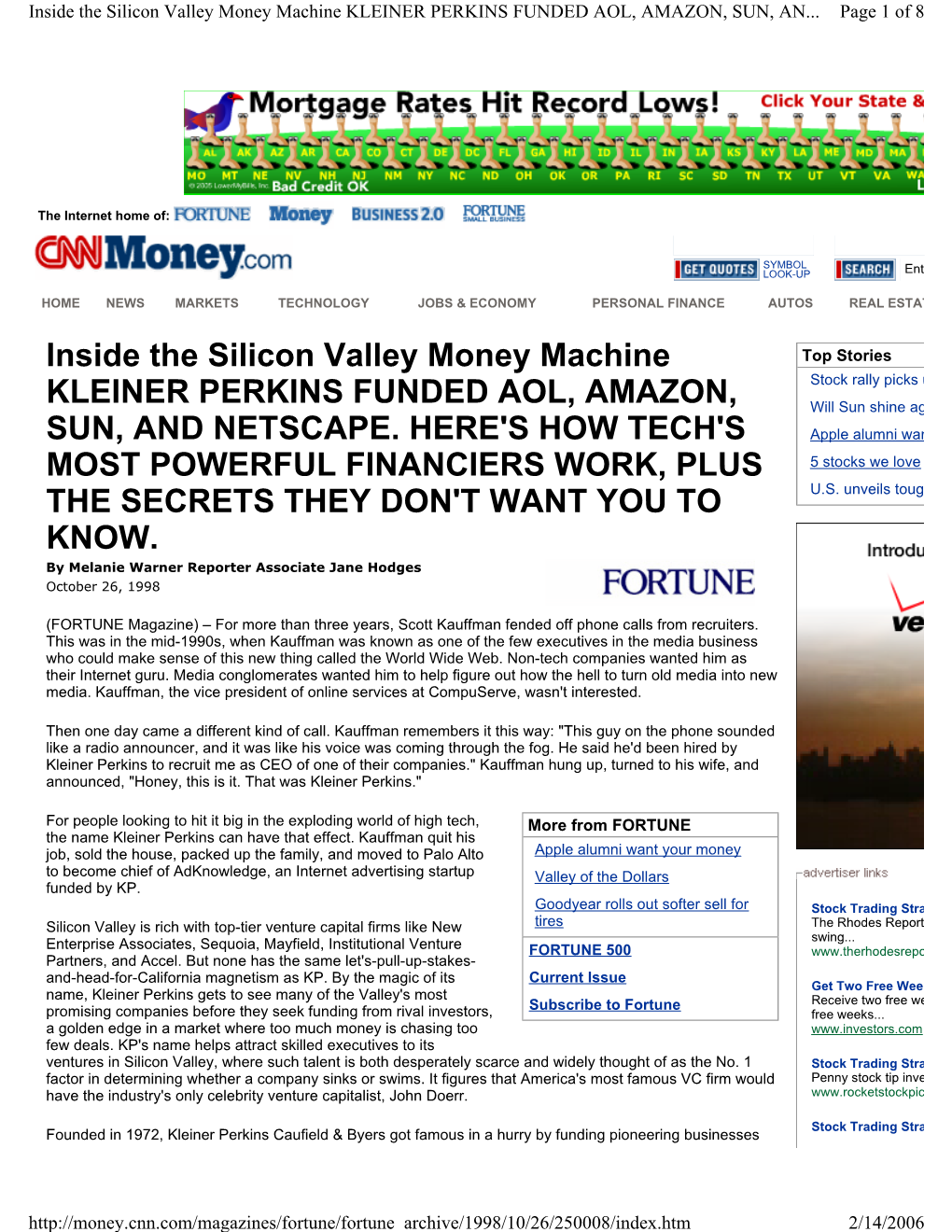 Inside the Silicon Valley Money Machine KLEINER PERKINS FUNDED AOL, AMAZON, SUN, AN