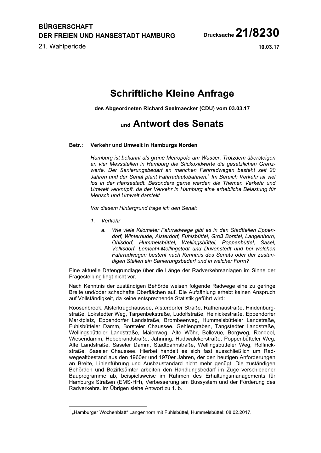 Schriftliche Kleine Anfrage Und Antwort Des Senats