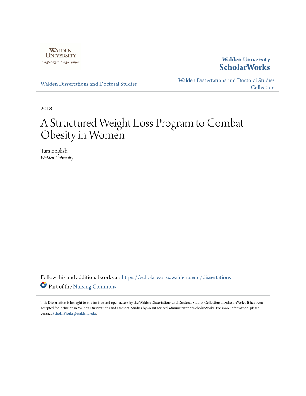 A Structured Weight Loss Program to Combat Obesity in Women Tara English Walden University