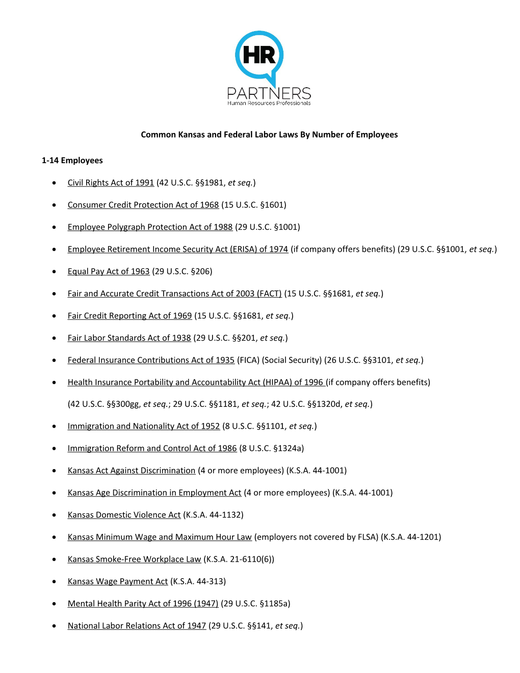 Common Kansas and Federal Labor Laws by Number of Employees