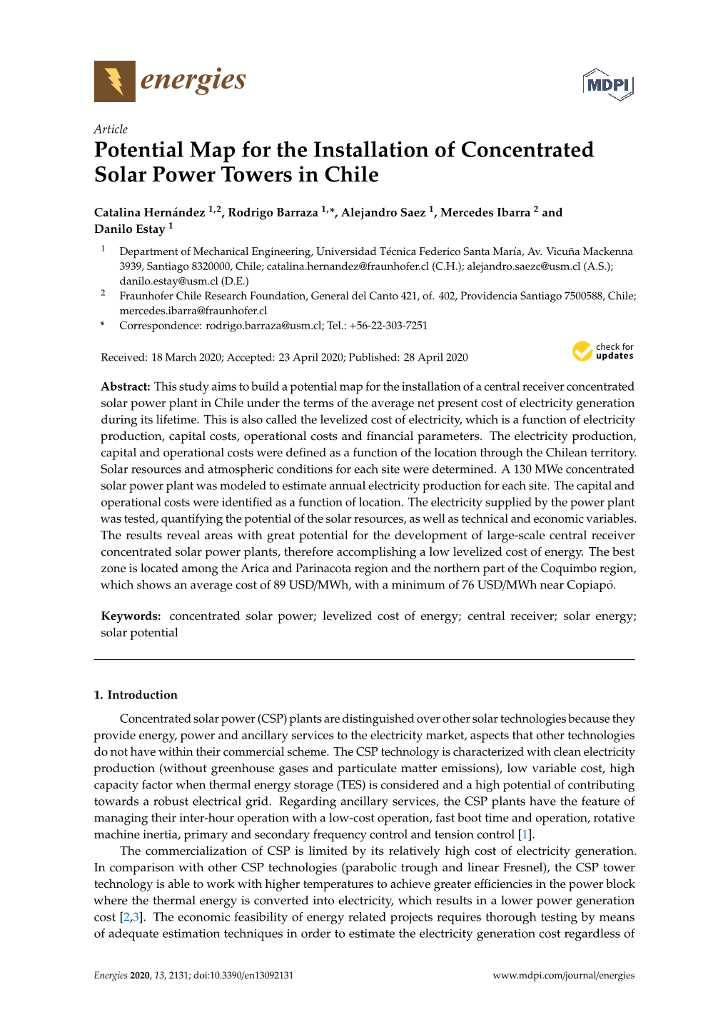 Potential Map for the Installation of Concentrated Solar Power Towers in Chile