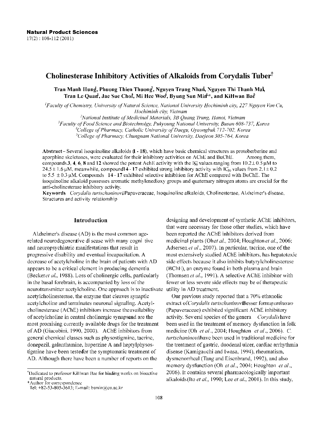 Cholinesterase Inhibitory Activities of Alkaloids from Corydalis Tuber†