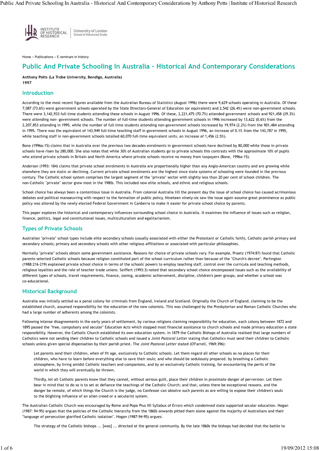 Public and Private Schooling in Australia - Historical and Contemporary Considerations by Anthony Potts | Institute of Historical Research