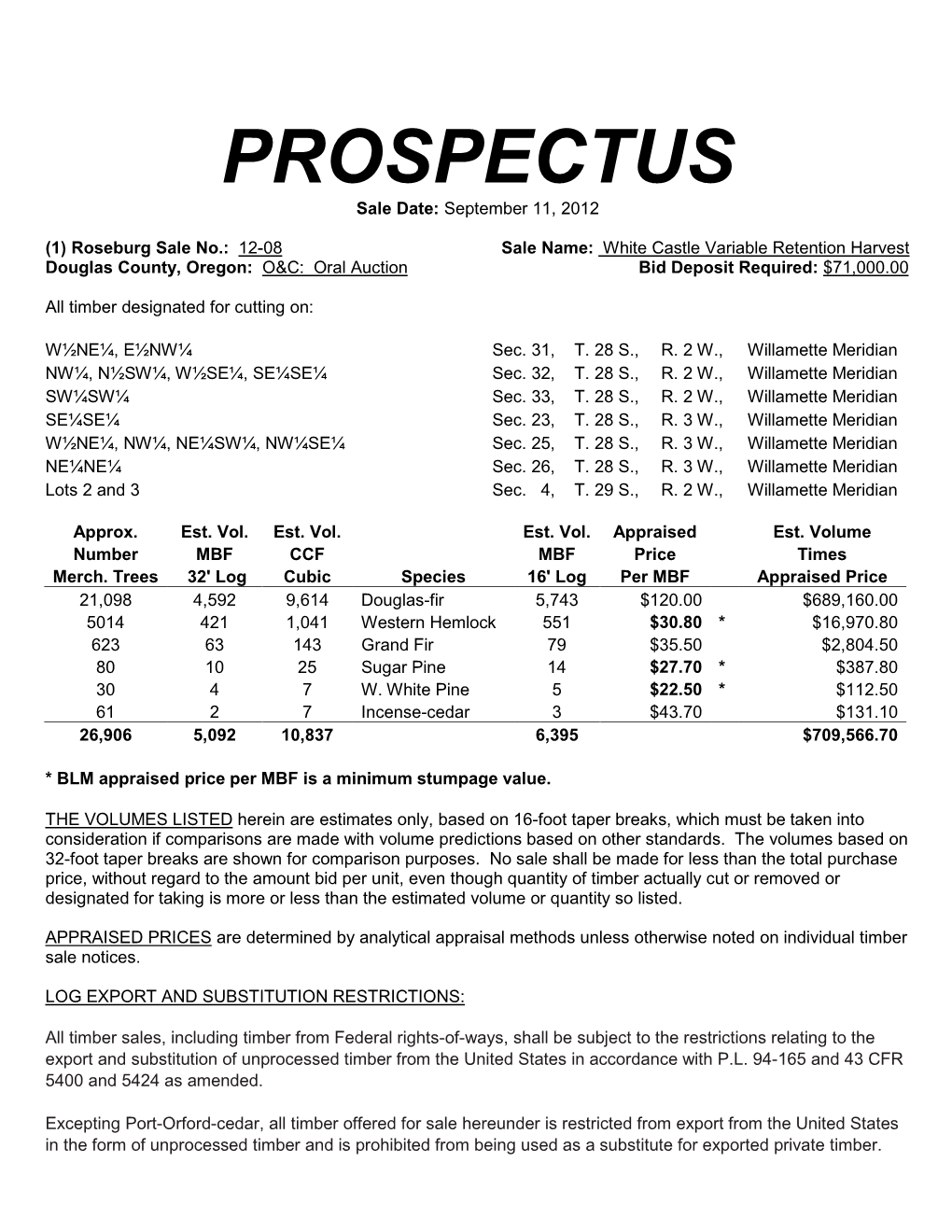 "A" WHITE CASTLE Bureau of Land Management VARIABLE RETENTION HARVEST Page 1 of 4 Tract Number: 12-08