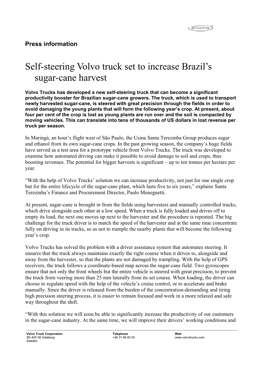 Self-Steering Volvo Truck Set to Increase Brazil S Sugar-Cane Harvest