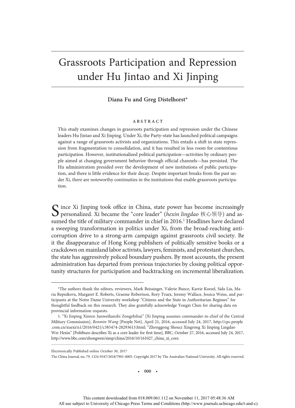 Grassroots Participation and Repression Under Hu Jintao and Xi Jinping