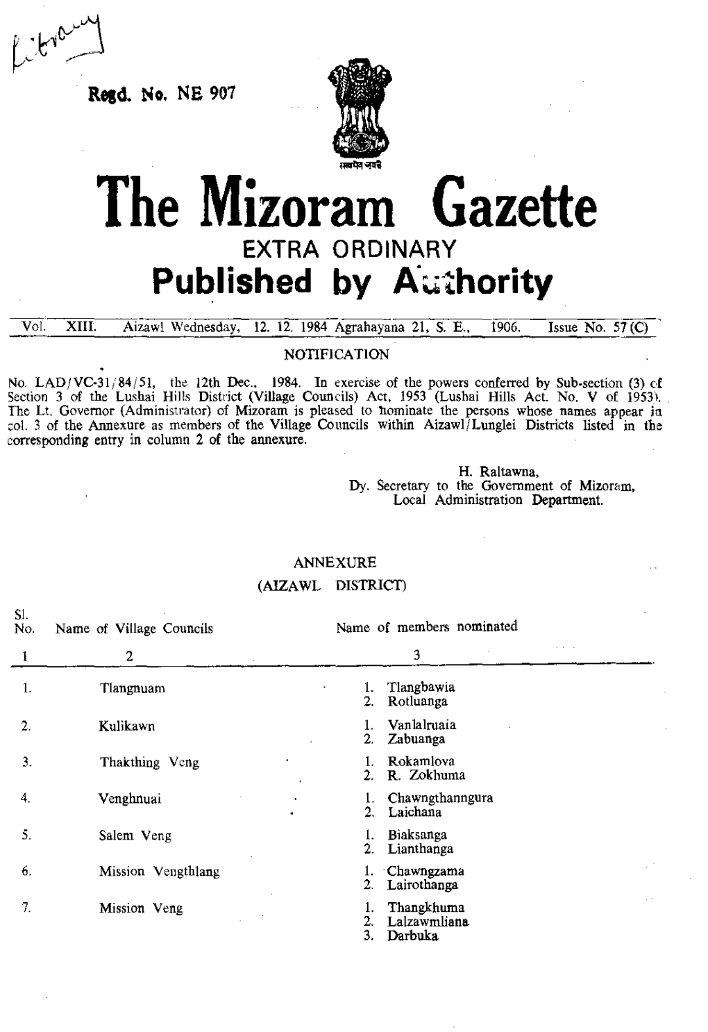 The Mizoram Gazette EXTRA ORDINARY Published by A~~Hority