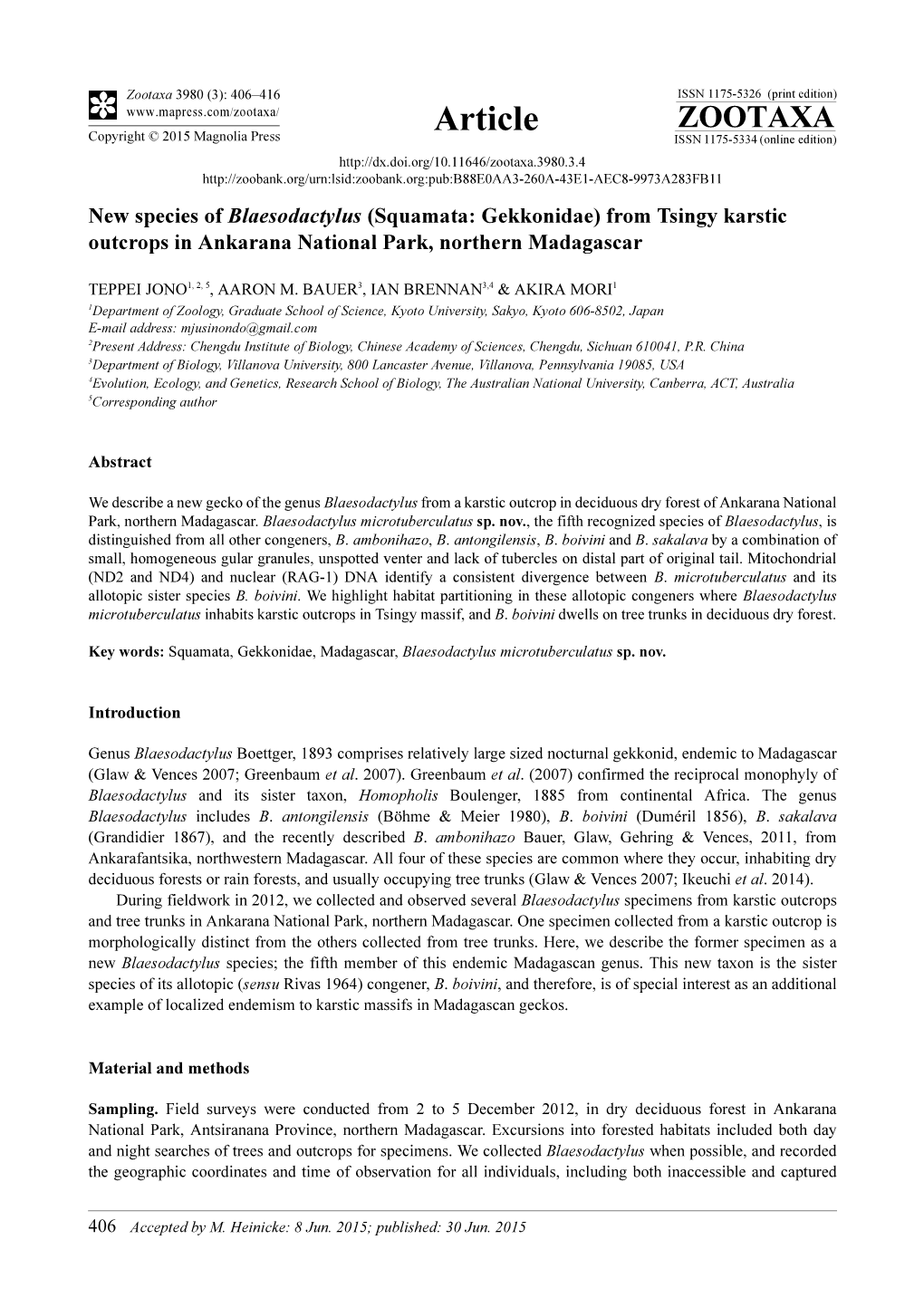 New Species of Blaesodactylus (Squamata: Gekkonidae) from Tsingy Karstic Outcrops in Ankarana National Park, Northern Madagascar